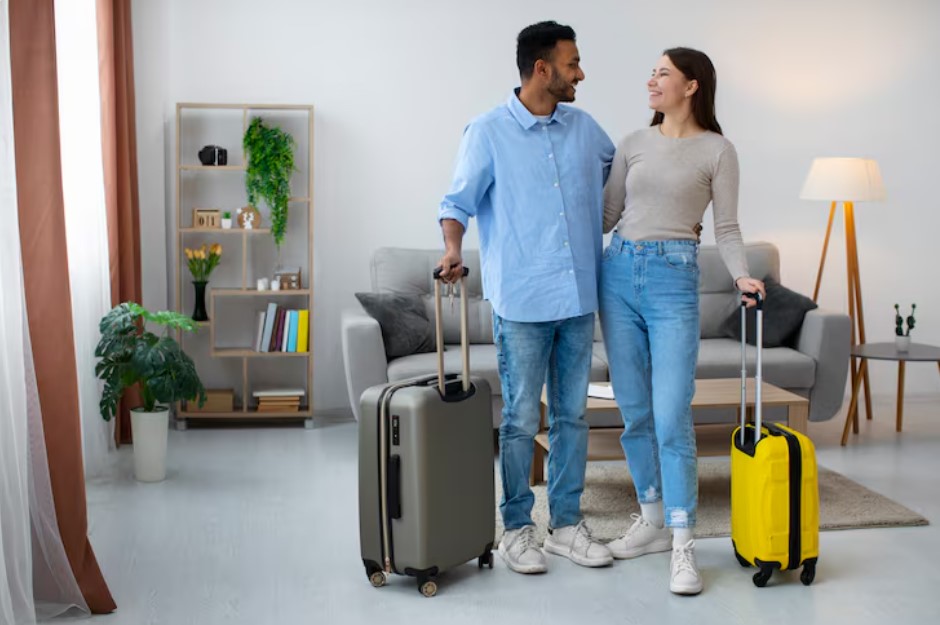 Full shot smiley couple traveling