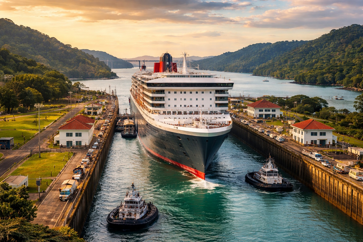 Queen Mary 2 through Panama Canal at sunset