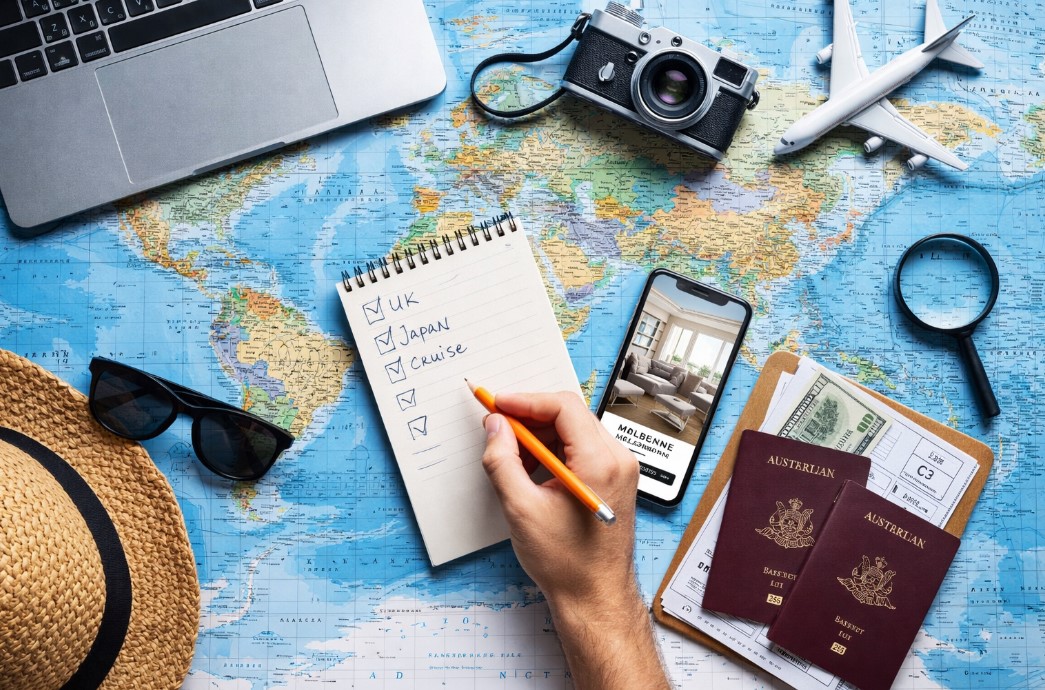 Travel planning essentials on world map