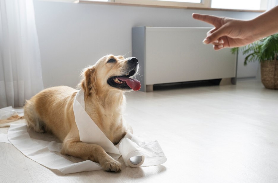  Side view dog playing with toilet paper