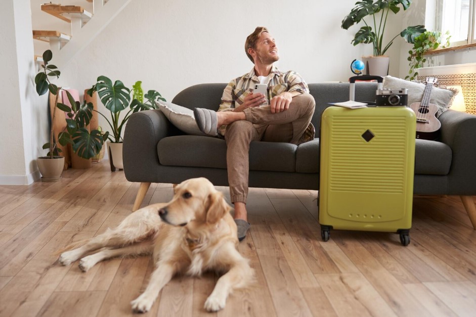 Portrait of happy handsome young man with suitcase sitting with his dog in living room