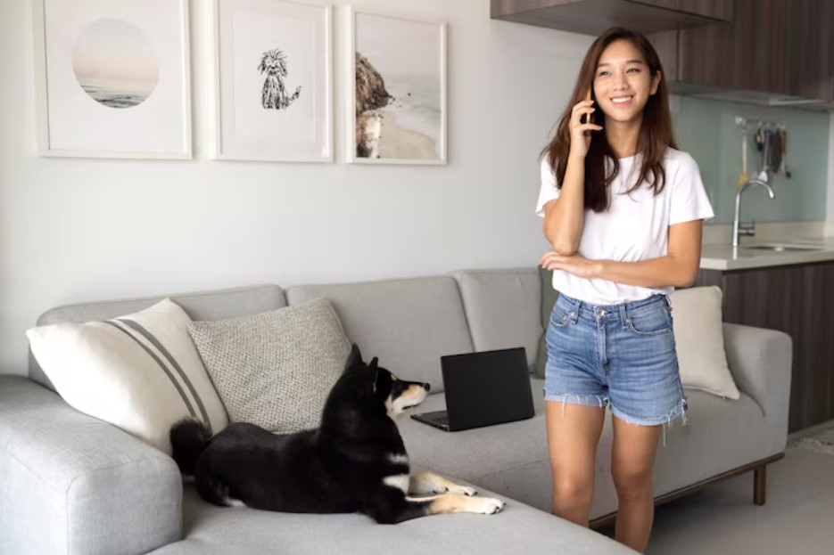 Medium shot woman talking on phone at home