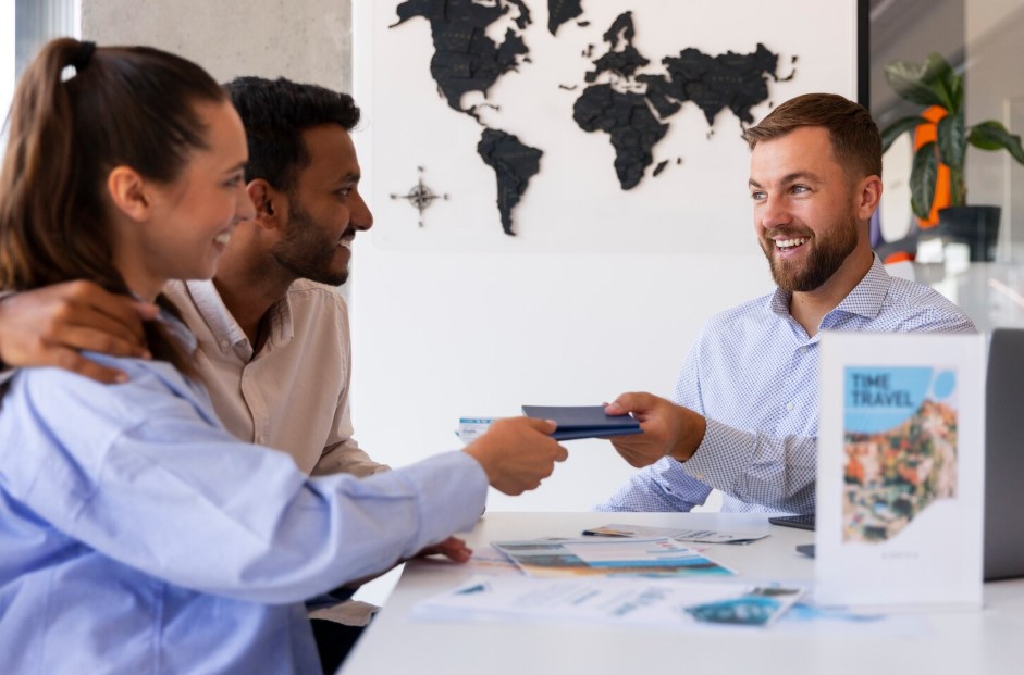 Medium shot people at travel agency