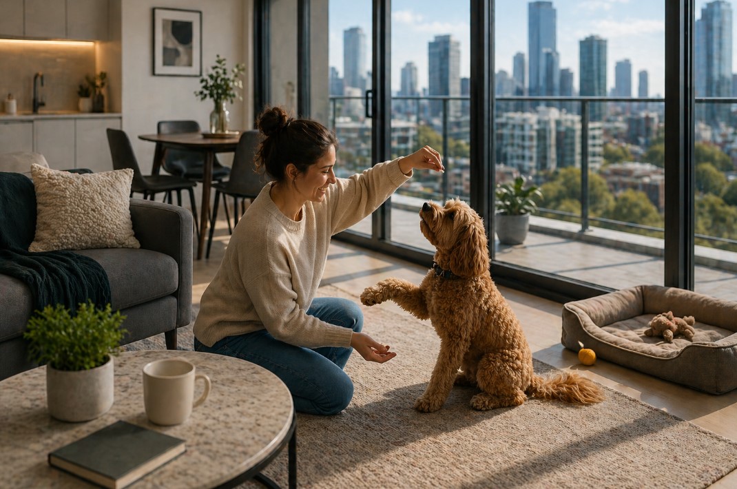 Cozy urban living room with dog play
