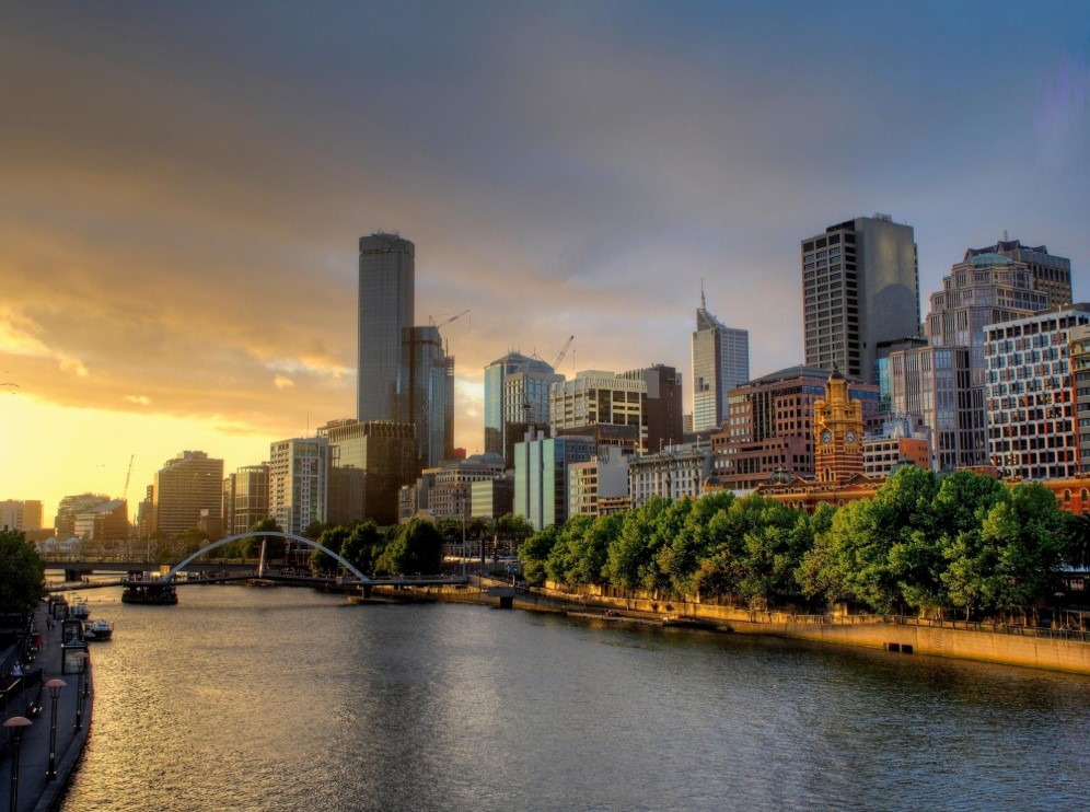 Melbourne City Skyline and Yarra River at Golden Sunset