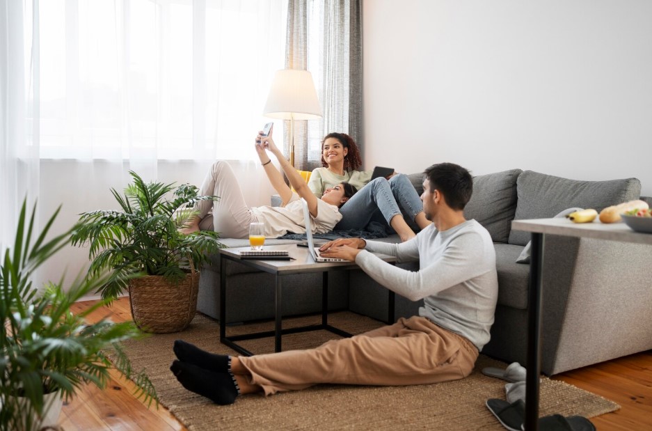 family doing activities indoors full shot