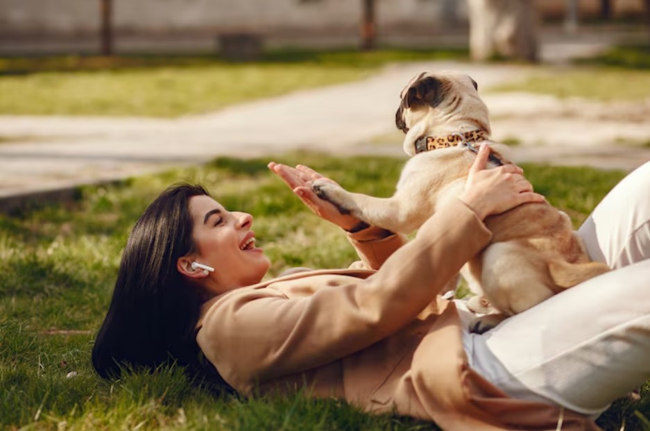 Brunette in a brown coat walks with pug