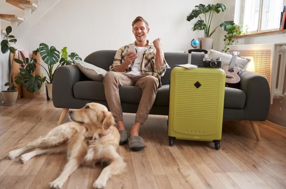 Happy man with his dog sits in living room with suitcase looks at smartphone app with excited face