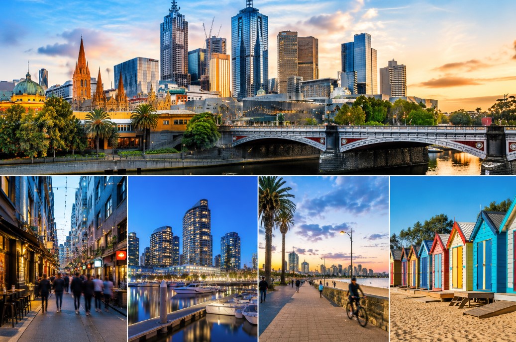 Melbourne cityscape collage at sunset