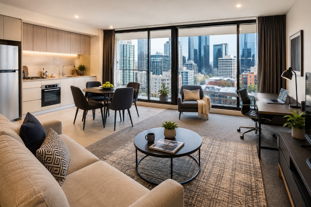 Modern apartment with city skyline view