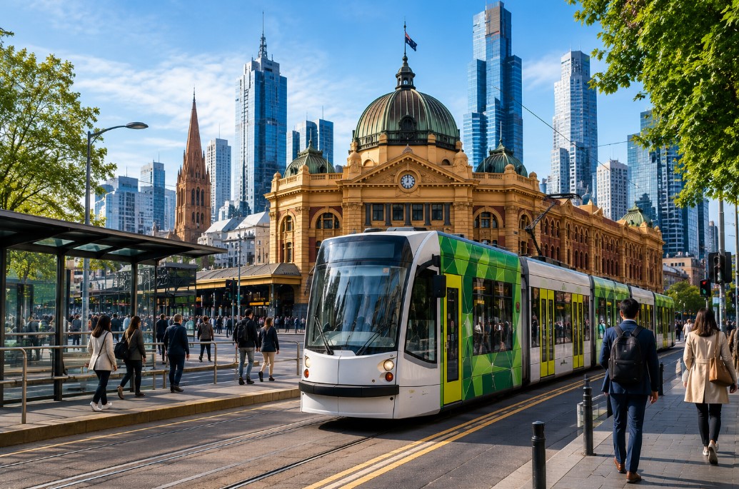 Melbourne city tram and skyline scene