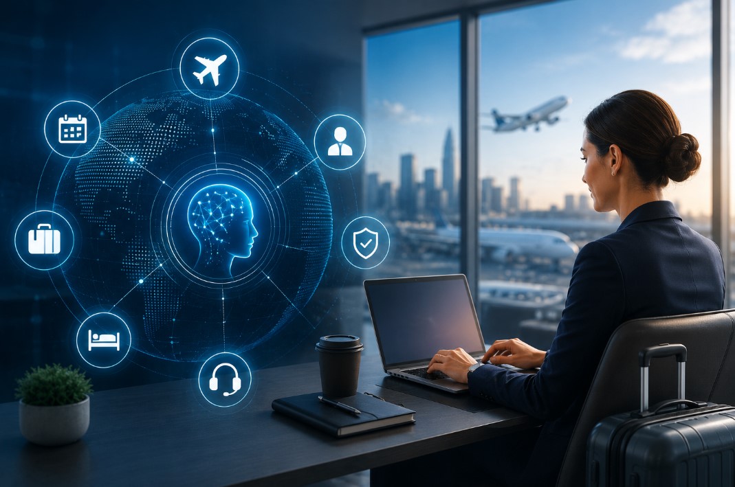Futuristic travel hub at airport lounge