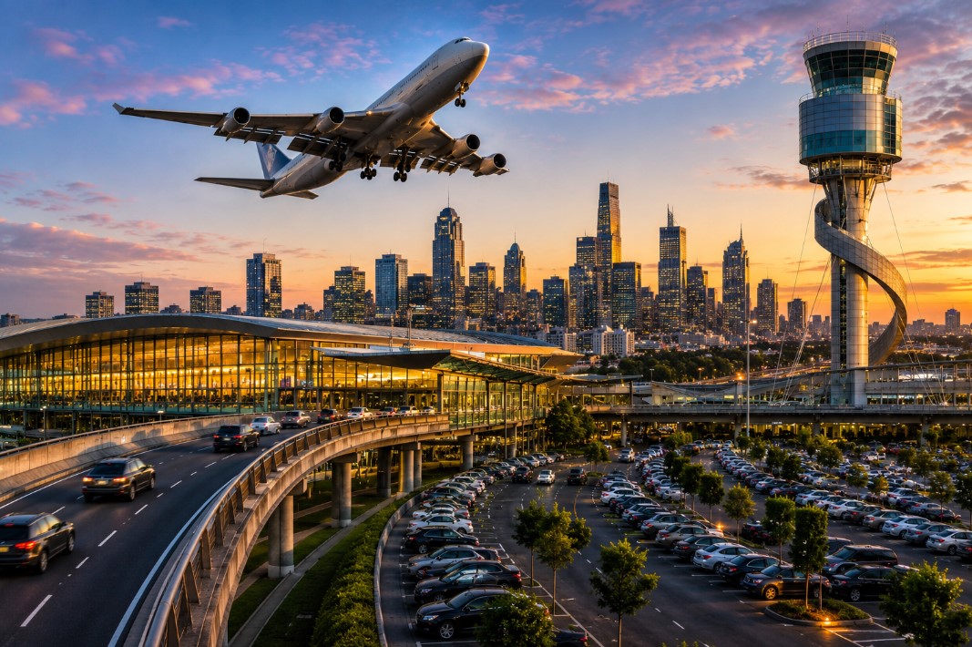 Modern airport at sunset with city skyline