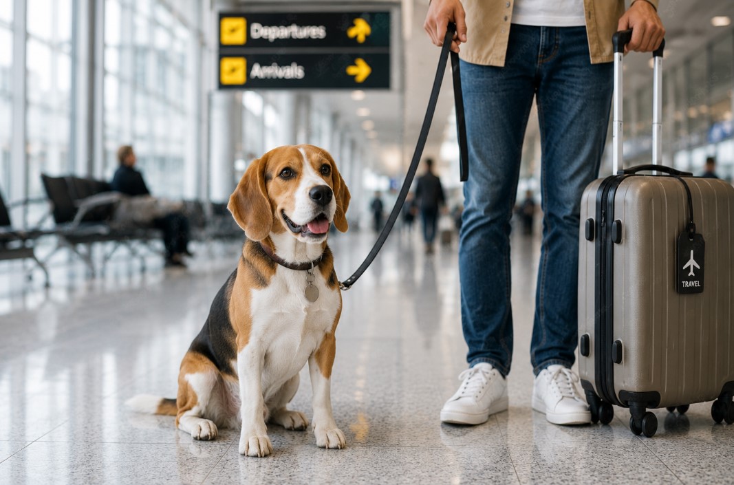 Beagle waiting at the airport terminal