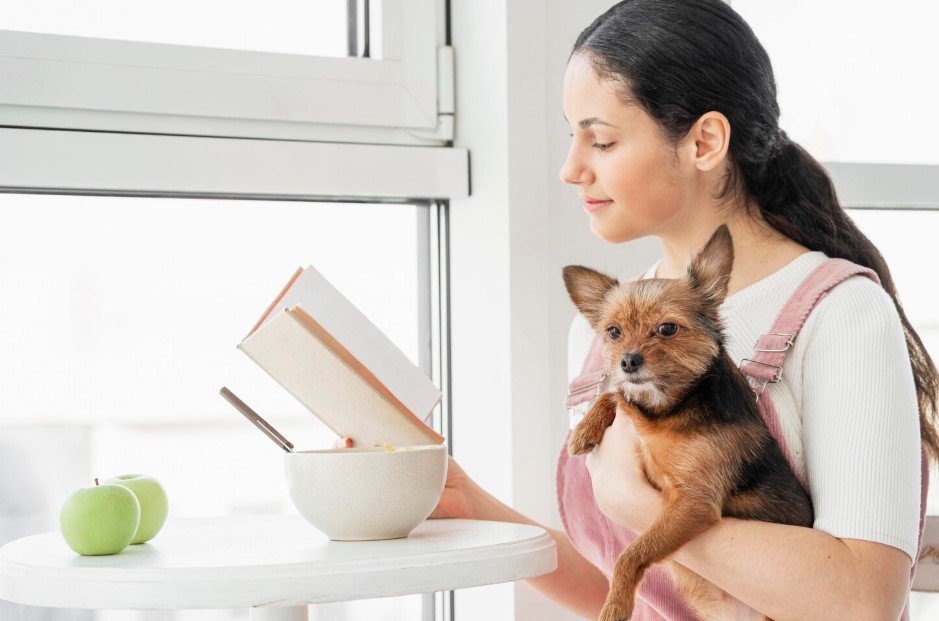 Medium shot girl reading with dog