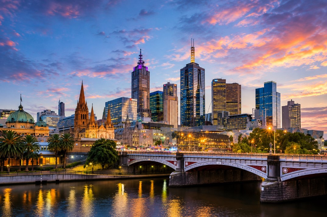 Twilight Cityscape with Ornate Riverside Bridge