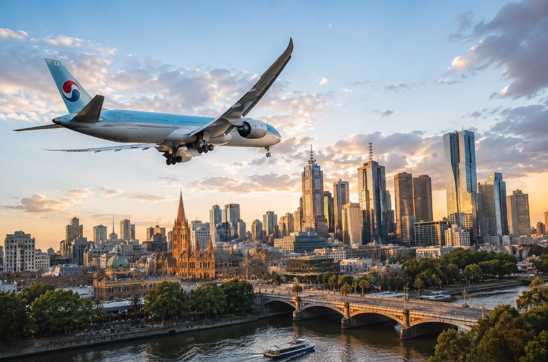 Korean Air Over the Golden Cityscape Melbourne