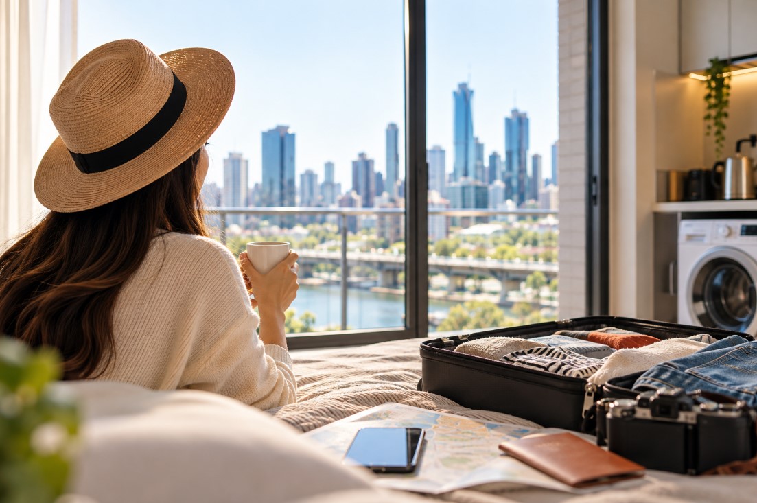 tourist viewing the city from her apartment window