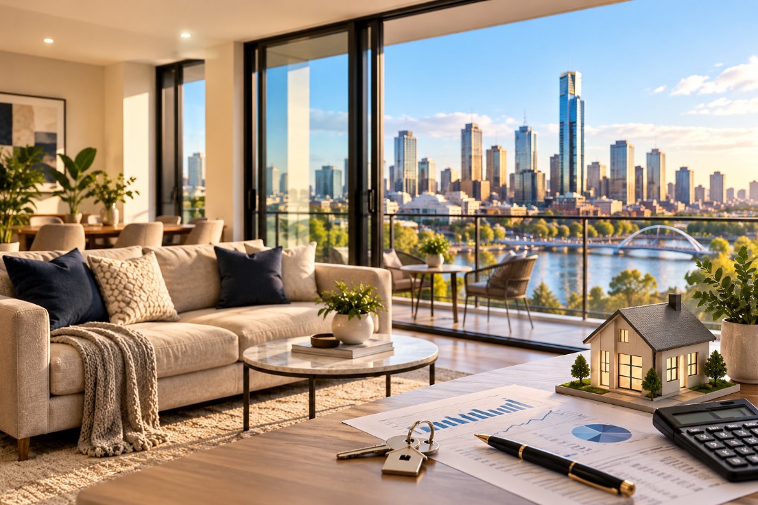 furnished apartment overlooking Australia city skyline