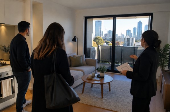 woman showing the apartment with guests